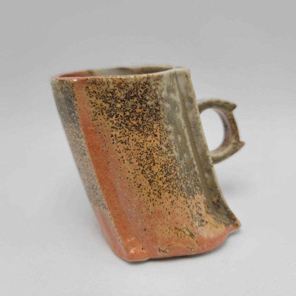 Open Sky Pottery Mug Hand Made Leaning Lopsided Crooked peach Brown